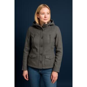 Women’s Aeropostale Wool Blend Coat Medium Gray Herringbone Hooded Jacket